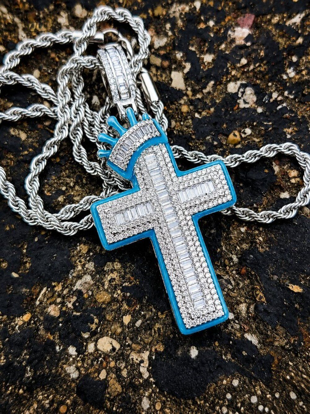 Blue Baguette Crowned Cross Necklace